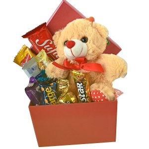 Caixa com chocolates e pelucia