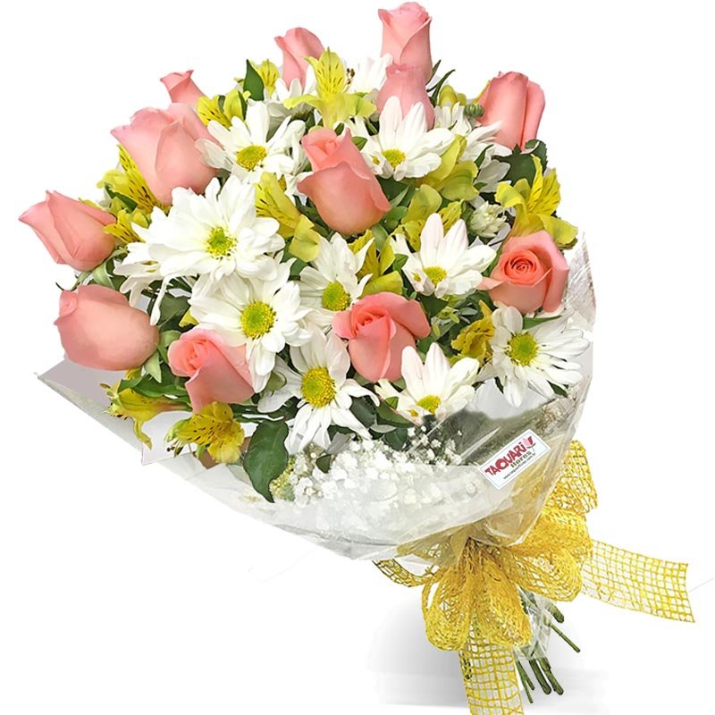 Buquê de Rosas Cor de Rosa e Margaridas Dreams - Floricultura Taquari Flores