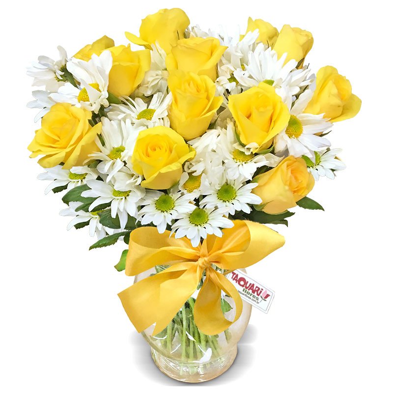 Vaso Com Rosas Amarelas e Margaridas Radiante - Floricultura Taquari Flores