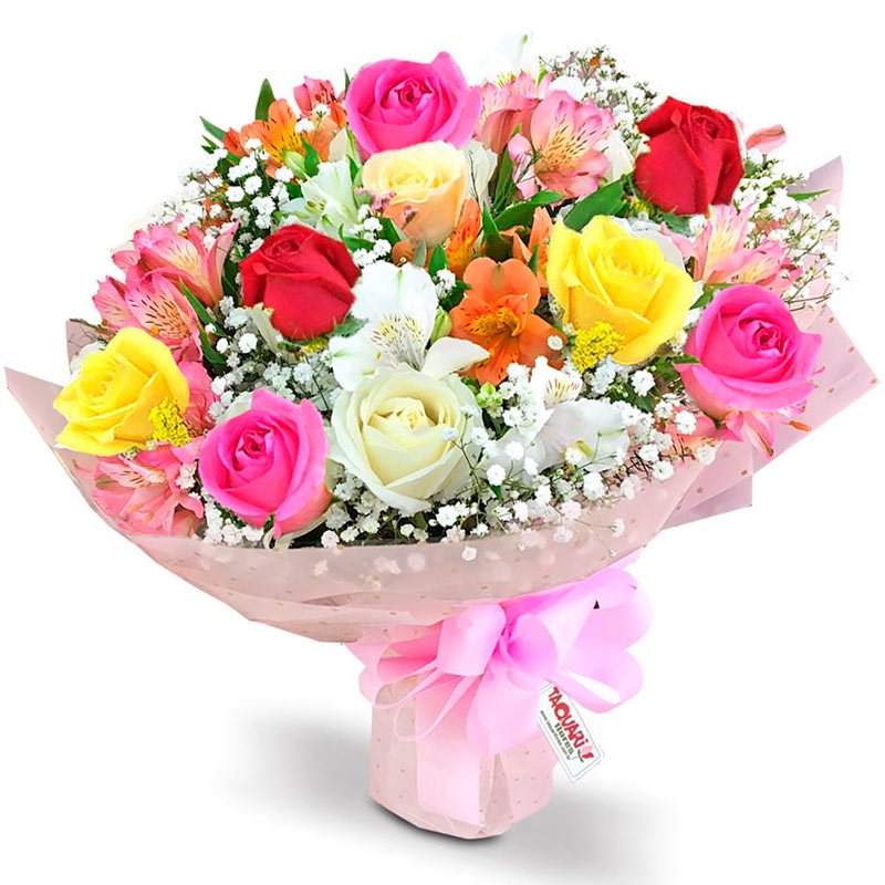 Buquê 10 Rosas Coloridas e Astromélias - Floricultura Taquari Flores