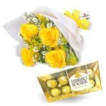 Buquê de Rosas Amarelas com 4 Rosas e Ferrero