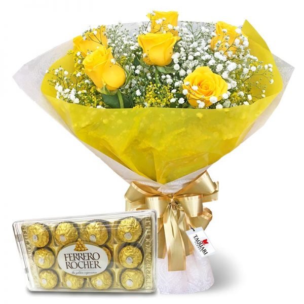 Buquê de Rosas Amarelas com 6 Rosas e Ferrero