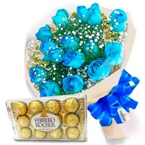 Buque 12 Rosas Azuis e Chocolate