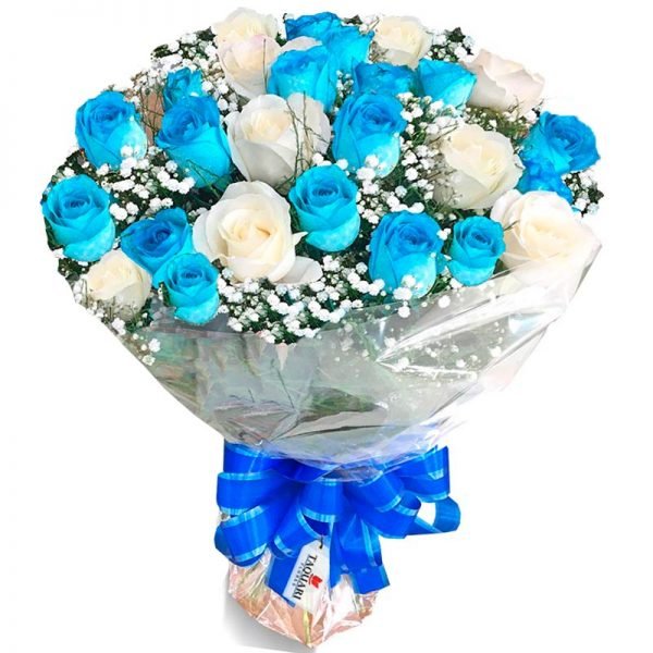 Buque de 24 Rosas Azuis e Brancas