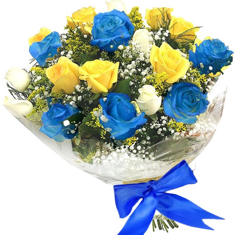 Buque de Rosas Azul Brancas e Amarelas - Floricultura Taquari Flores