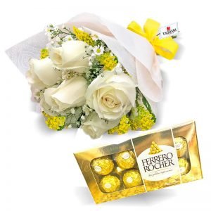 Buquê de Rosas Brancas 6 Rosas Ferrero