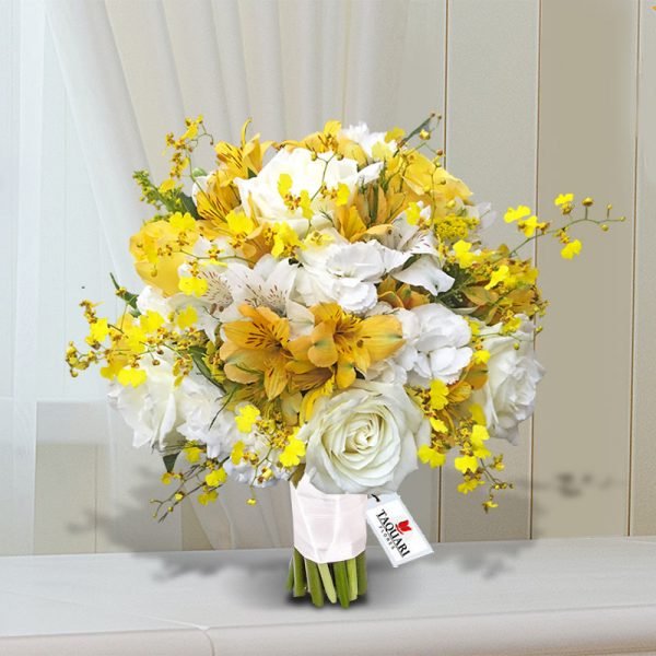 Buquê de Noiva Redondo com Flores Brancas e Amarelas