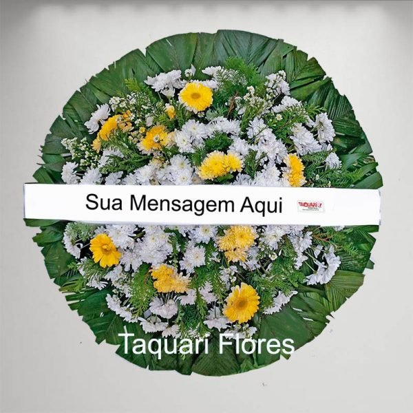 coroa de flores basica pequena branca e amarela